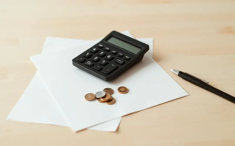 Calculadora, documentos e moedas sobre uma mesa