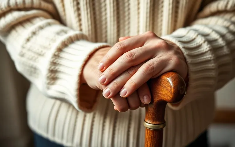 Mãos de pessoa idosa apoiadas em uma bengala